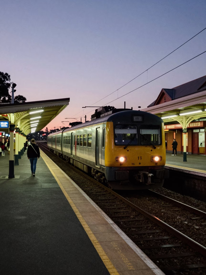 Twilight Scene at Adelaide Railway Station Platform with Commuter Train and Morning Rush in in Adelaide, South Australia, Australia