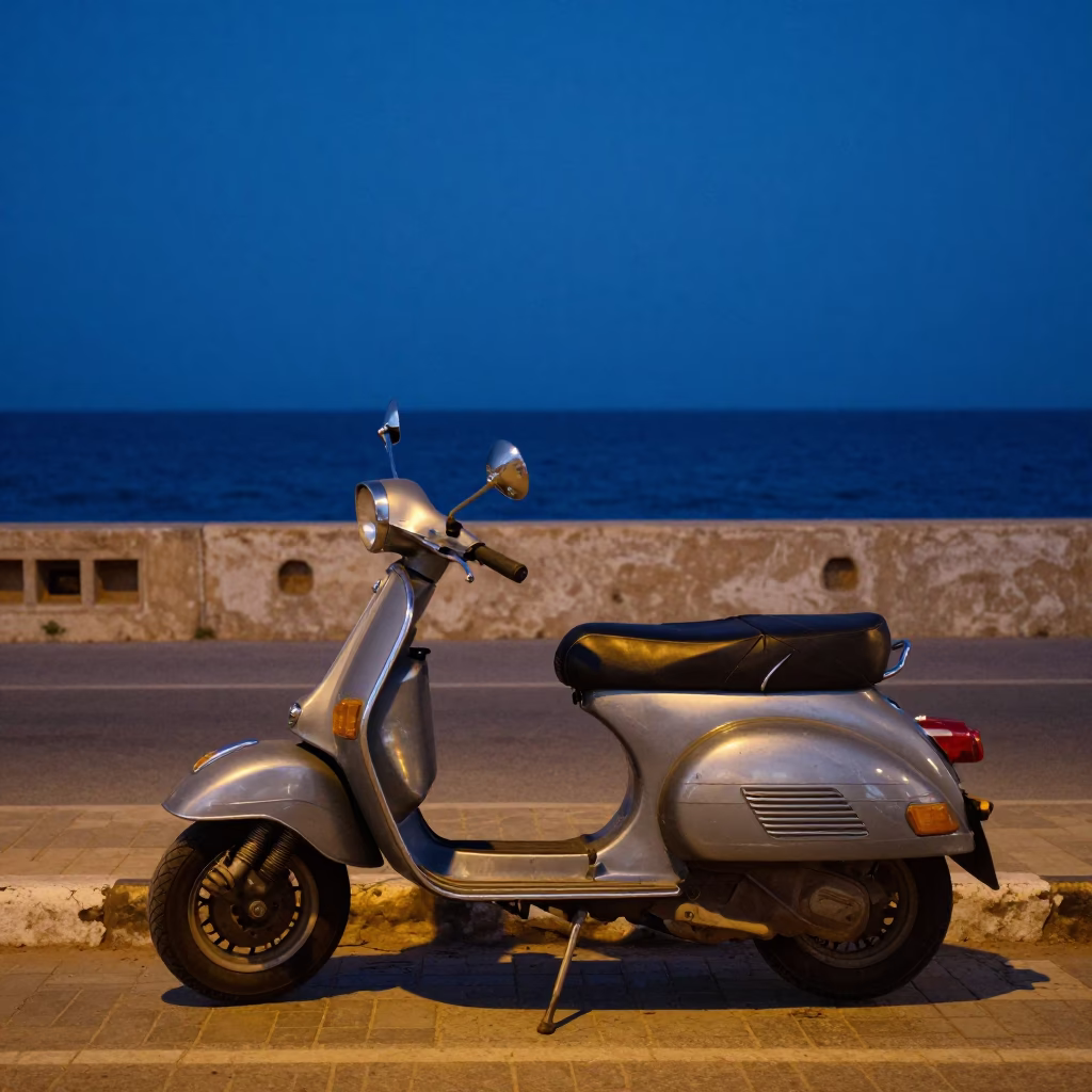Twilight Scene at Alexandria Corniche with Parked Scooter and Traditional Tea Setup in in Alexandria, Egypt
