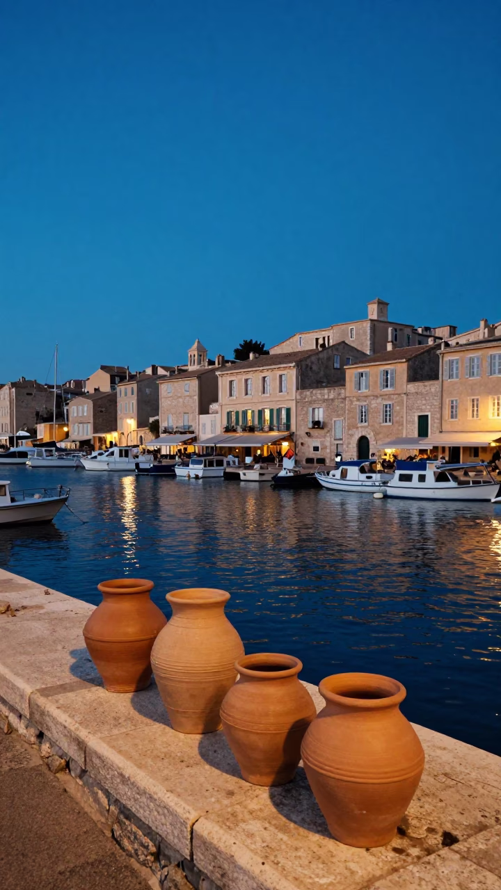 Twilight Scene at Marseille Vieux Port with Clay Pots and Deck Chairs in in Marseille, France
