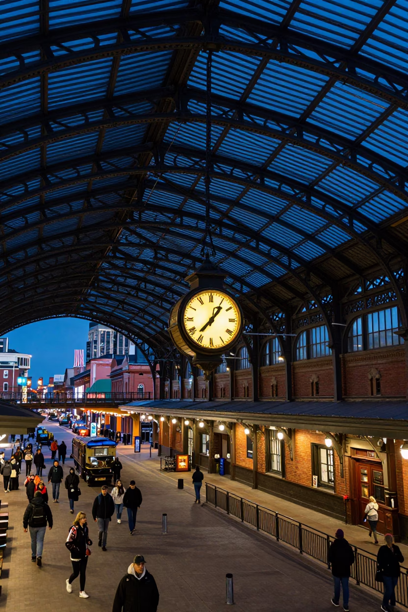 Twilight Scene at Nashville Train Station with Vaulted Iron Roof and Clock in in Nashville, Tennessee, United States