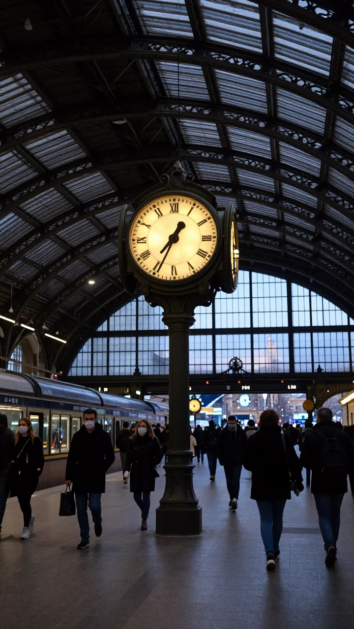 Twilight Scene at Paris Train Station Clock Under Vaulted Iron Roof in in Paris, France