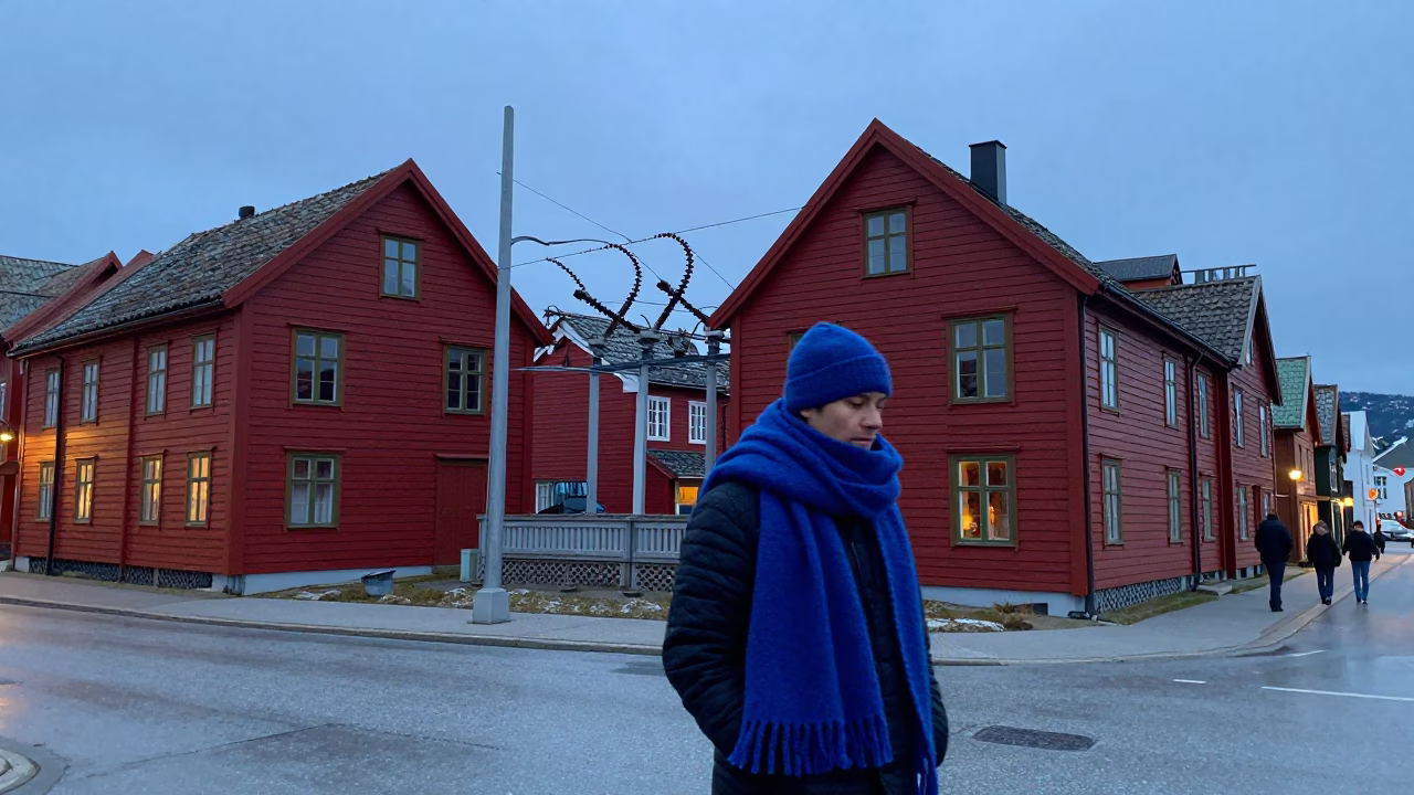 Twilight Scene in Bergen Norway with Wool Scarves and Substation Busbars in in Bergen, Norway
