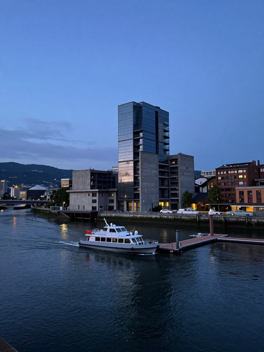 Twilight Scene in Bilbao at Indigo Twilight After Sunset in in Bilbao, Spain