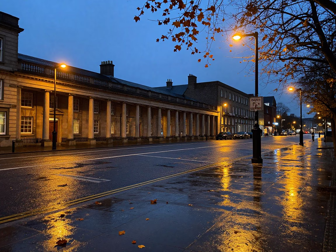 Twilight Scene in Dublin Ireland with Wet Leaves and University Arcade Columns in in Dublin, Ireland