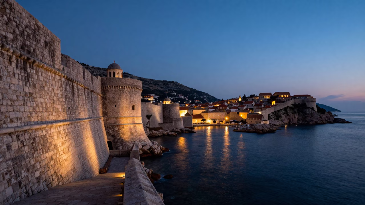 Twilight Scene in Dubrovnik Croatia with Stone Walls and Harbor Lights in in Dubrovnik, Croatia