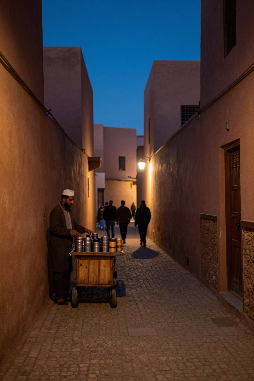 Twilight Scene in Fez Morocco Narrow Alley with Coffee Tin and Local Vendor in in Fez, Morocco