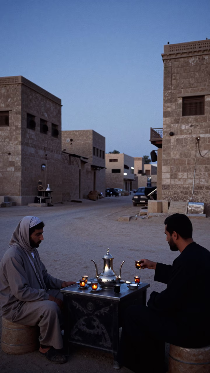 Twilight Scene in Luxor Egypt with Traditional Tea Service and Local Interaction in in Luxor, Egypt
