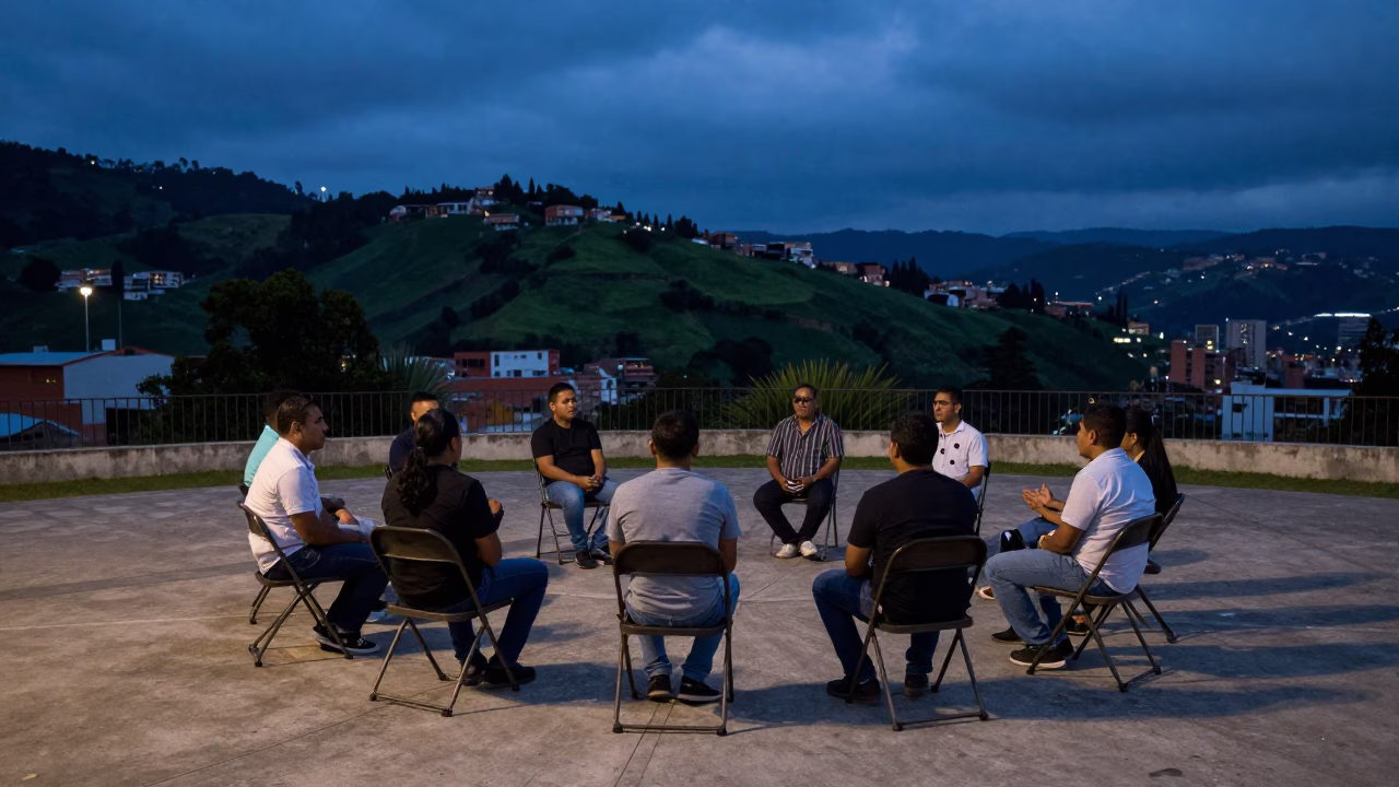 Twilight Scene in Medellin Colombia with Domino Players and Folding Chairs in in Medellin, Colombia