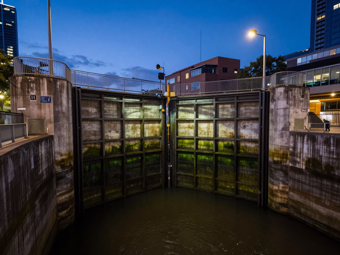 Twilight Scene in Melbourne Victoria Australia featuring floodgate chamber and urban infrastructure in in Melbourne, Victoria, Australia