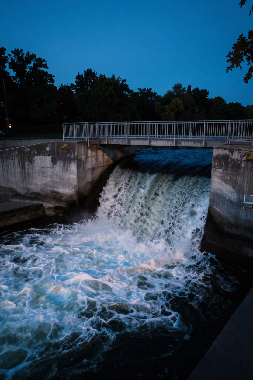 Twilight Scene in Montreal Quebec Canada with Spillway Chute and Maintenance Railings in in Montreal, Quebec, Canada