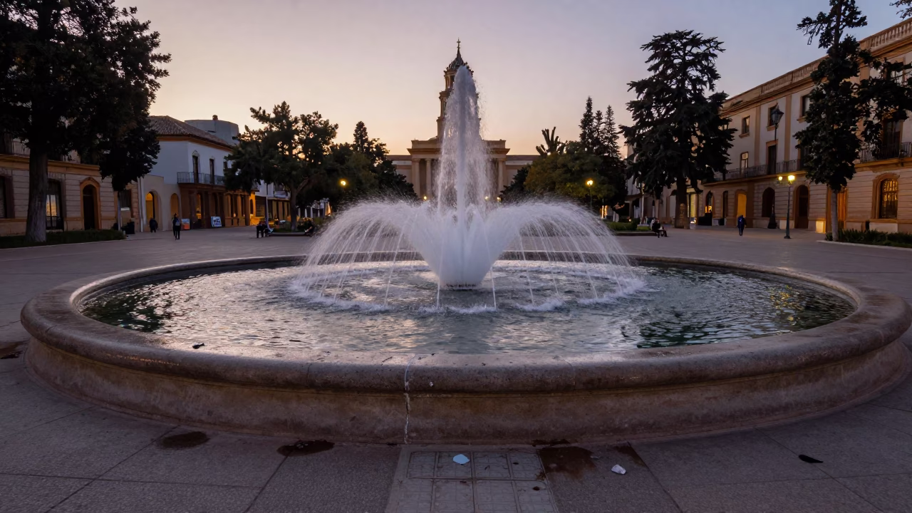 Twilight Scene in Valencia Spain Featuring Drained Campus Fountain and Water Ripples in in Valencia, Spain