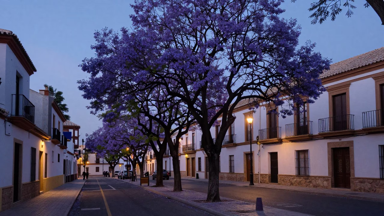 Twilight Scene in Valencia Spain with Jacaranda Tree Bloom and Local Street Life in in Valencia, Spain