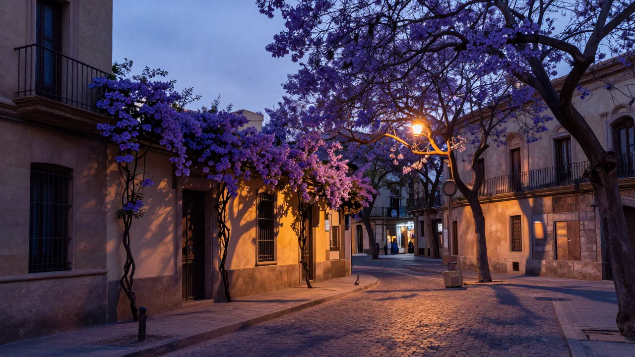 Twilight Scene of Barcelona Street with Morning Glory Vine and Jacaranda Bloom in in Barcelona, Spain