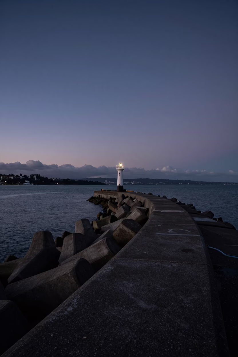 Twilight Scene of Christchurch New Zealand Breakwater and Harbor Beacon in in Christchurch, New Zealand