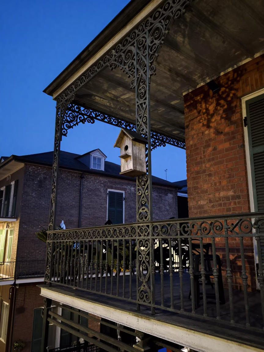Twilight Scene of French Quarter Balcony with Birdhouse and Bicycle Near Bakery in in New Orleans, Louisiana, United States