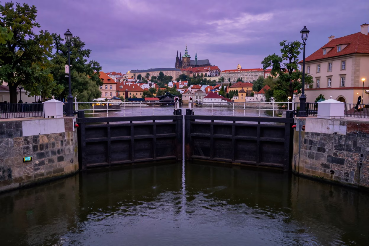 Twilight Scene of Prague Canal Lock Gate Closing on Still Green Water in in Prague, Czech Republic