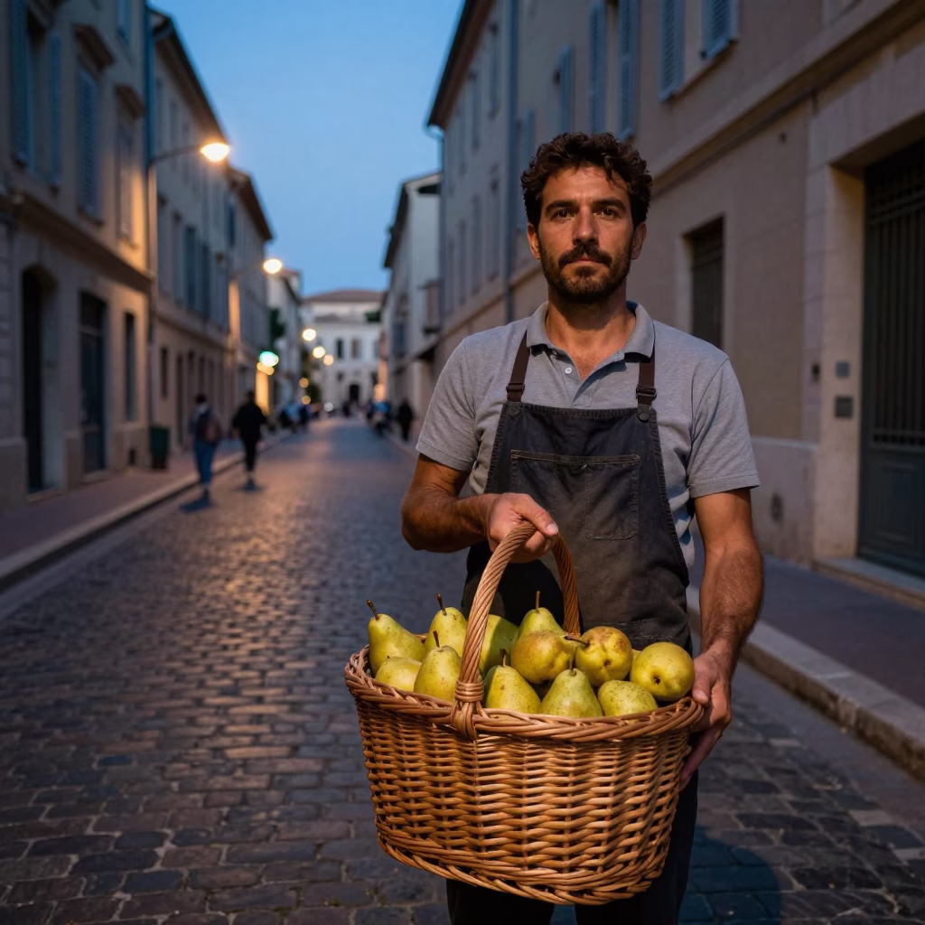 Twilight Scene on Marseille Street with Gardener and Wicker Hamper in in Marseille, France