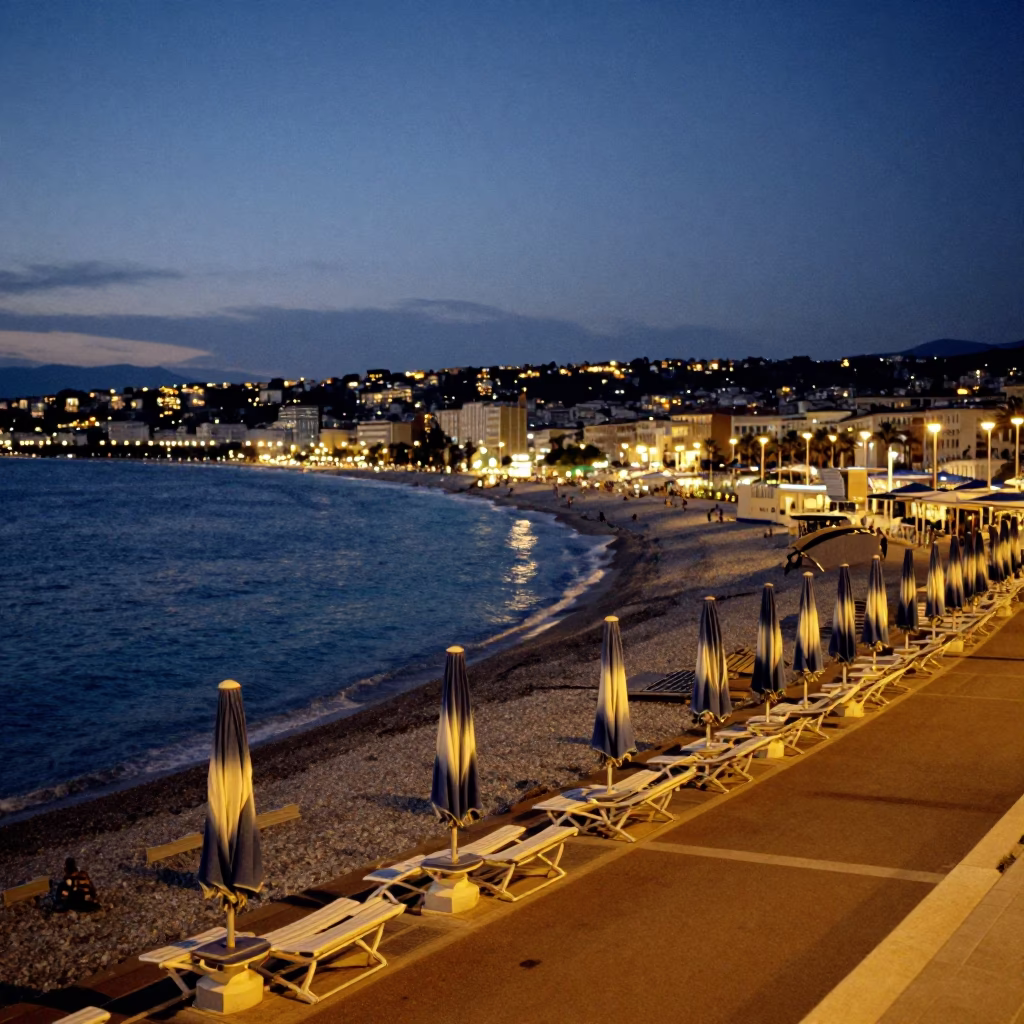 Twilight Scene on Nice Promenade With Umbrellas and City Lights in in Nice, France