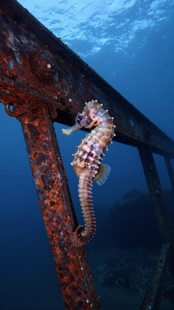 Twilight Seahorse Resting on Wreck Beam in beside a volcanic drop-off near Karangahape Road, Auckland