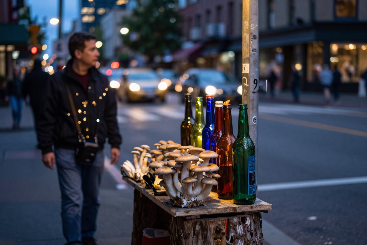 Twilight Seattle Street Scene with Colored Glass Bottle and Oyster Mushrooms in in Seattle, Washington, United States