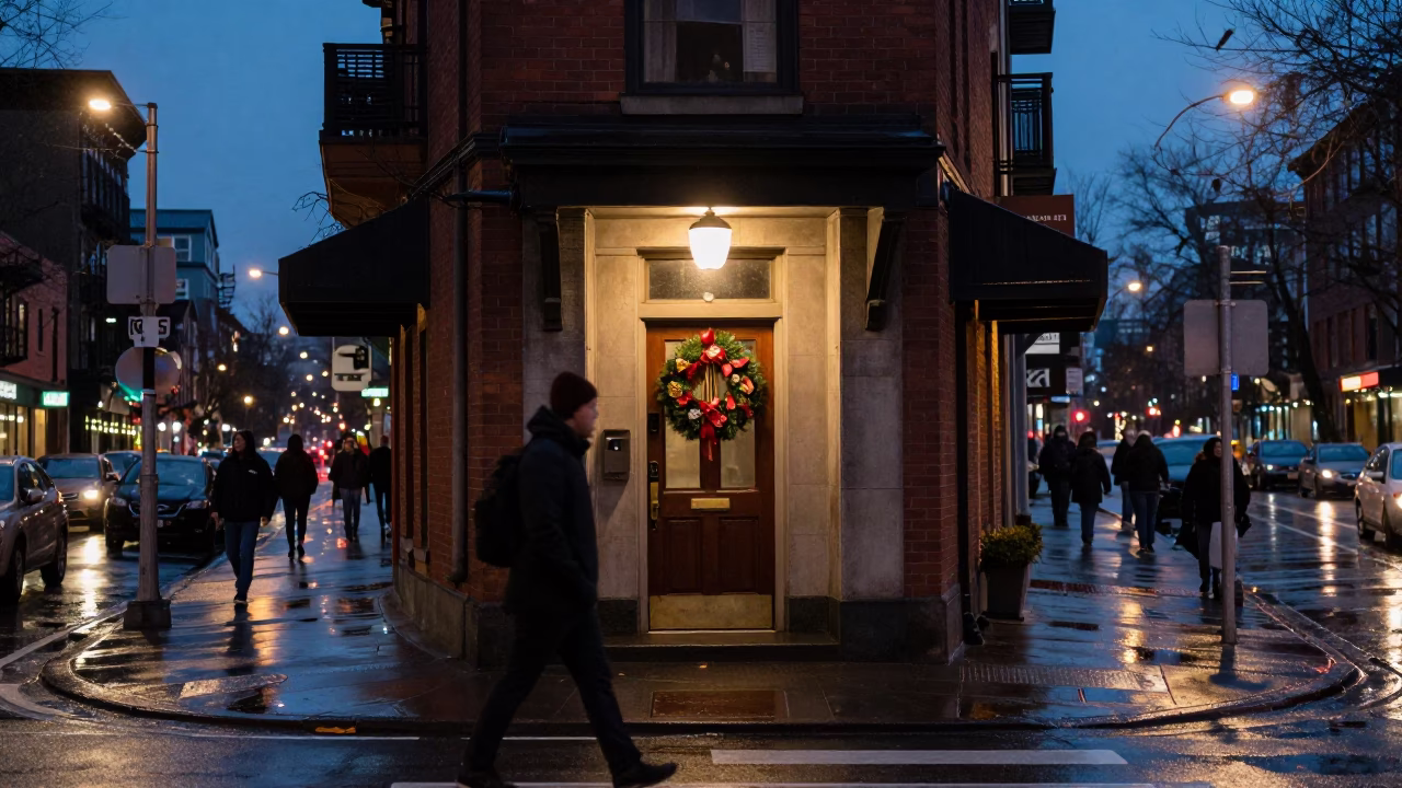 Twilight Seattle Street Scene with Door Wreaths and Wet Pavement Reflections in in Seattle, Washington, United States