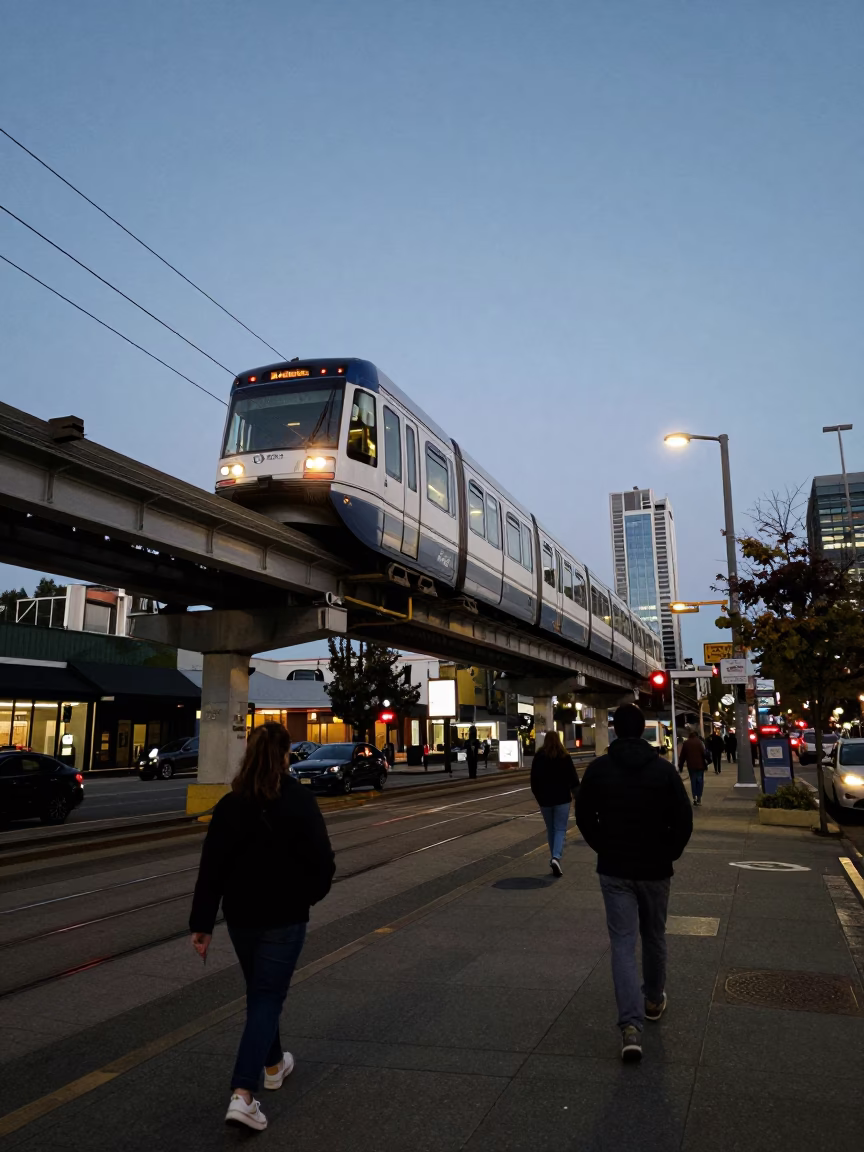 Twilight Seattle Street Scene with Monorail Overhead and Casual Dining in in Seattle, Washington, United States