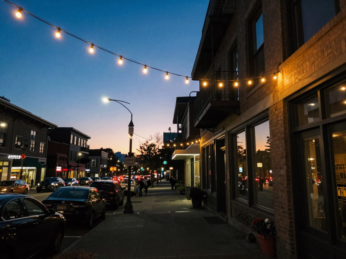 Twilight Seattle Street Scene with String Lights and Urban Life in in Seattle, Washington, United States