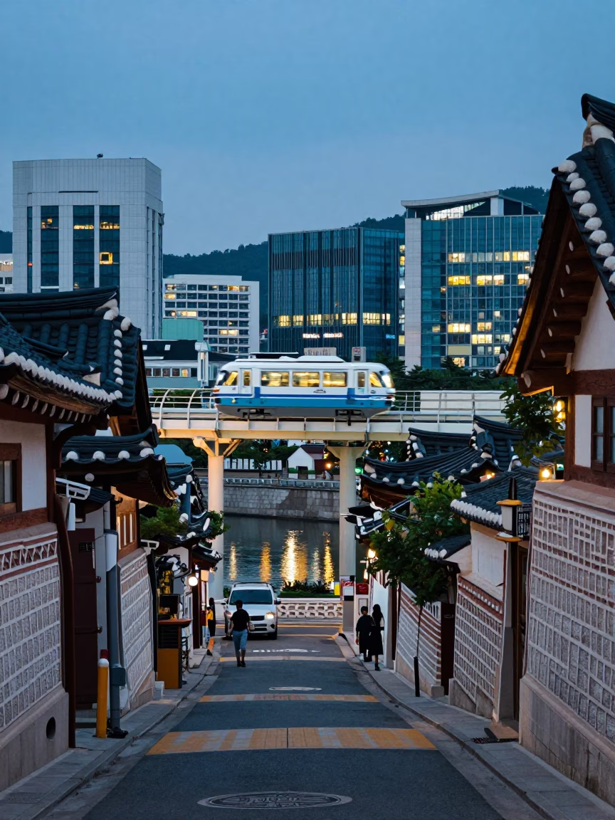 Twilight Seoul Street Scene with Monorail and Traditional Hanok Architecture in in Seoul, South Korea