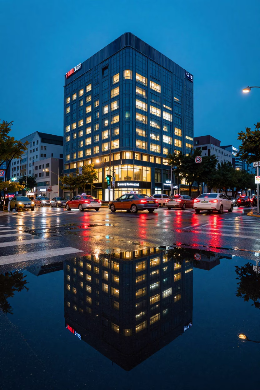 Twilight Seoul Street Scene with Puddle Reflections of Hotel Windows and Tail Lights in in Seoul, South Korea