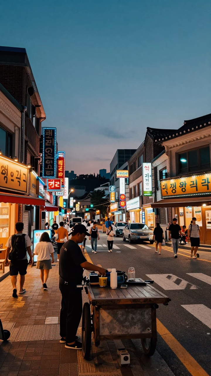 Twilight Seoul Street Scene with Vintage 1950s Atmosphere and Local Life in in Seoul, South Korea