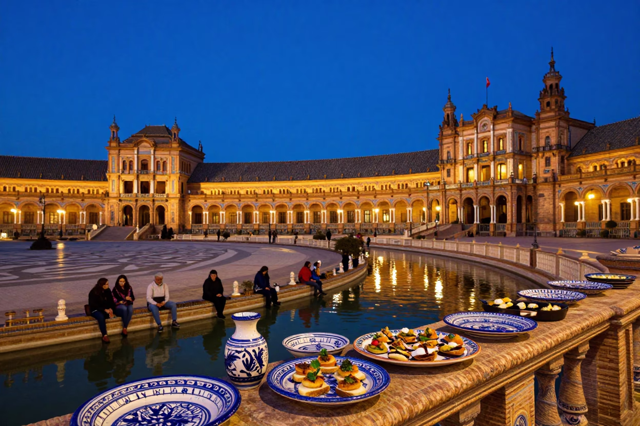 Twilight Seville Plaza Scene with Majolica Plates and Pintxos in in Seville, Spain