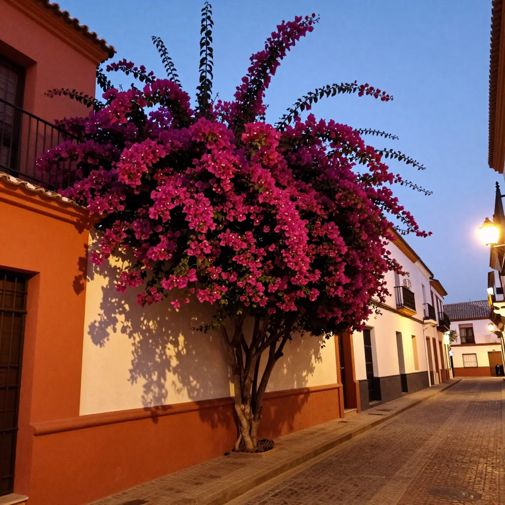 Twilight Seville Street Scene with Bougainvillea and Traditional Architecture in in Seville, Spain