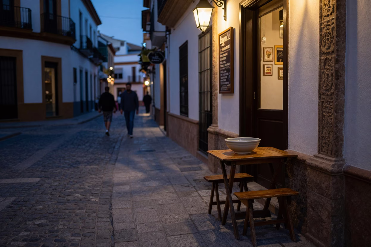 Twilight Seville Street Scene with Ceramic Bowl and Lanterns in in Seville, Spain