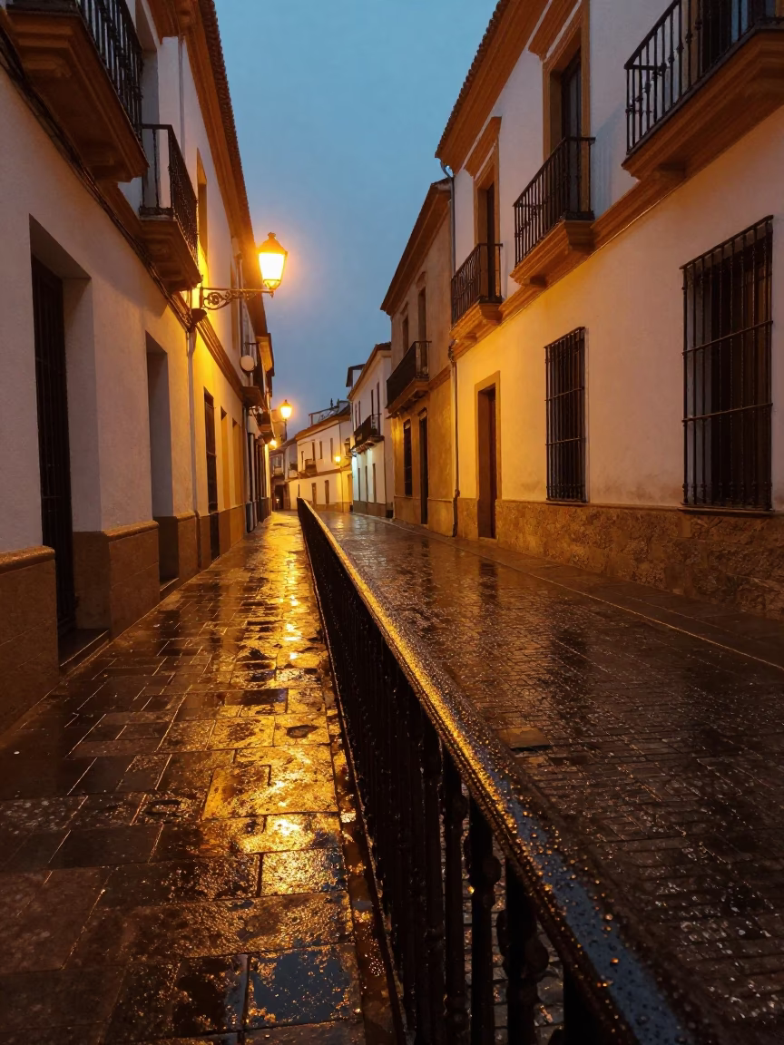 Twilight Seville Street Scene with Condensation on Rail and Laundry Pins in in Seville, Spain