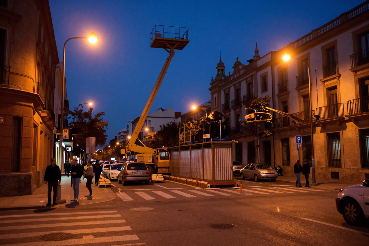 Twilight Seville Street Scene with Construction Elevator Gate and Rebar Bundles in Andalusia in in Seville, Spain