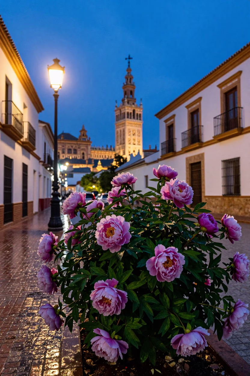Twilight Seville street scene with peony bush and traditional elements in in Seville, Spain