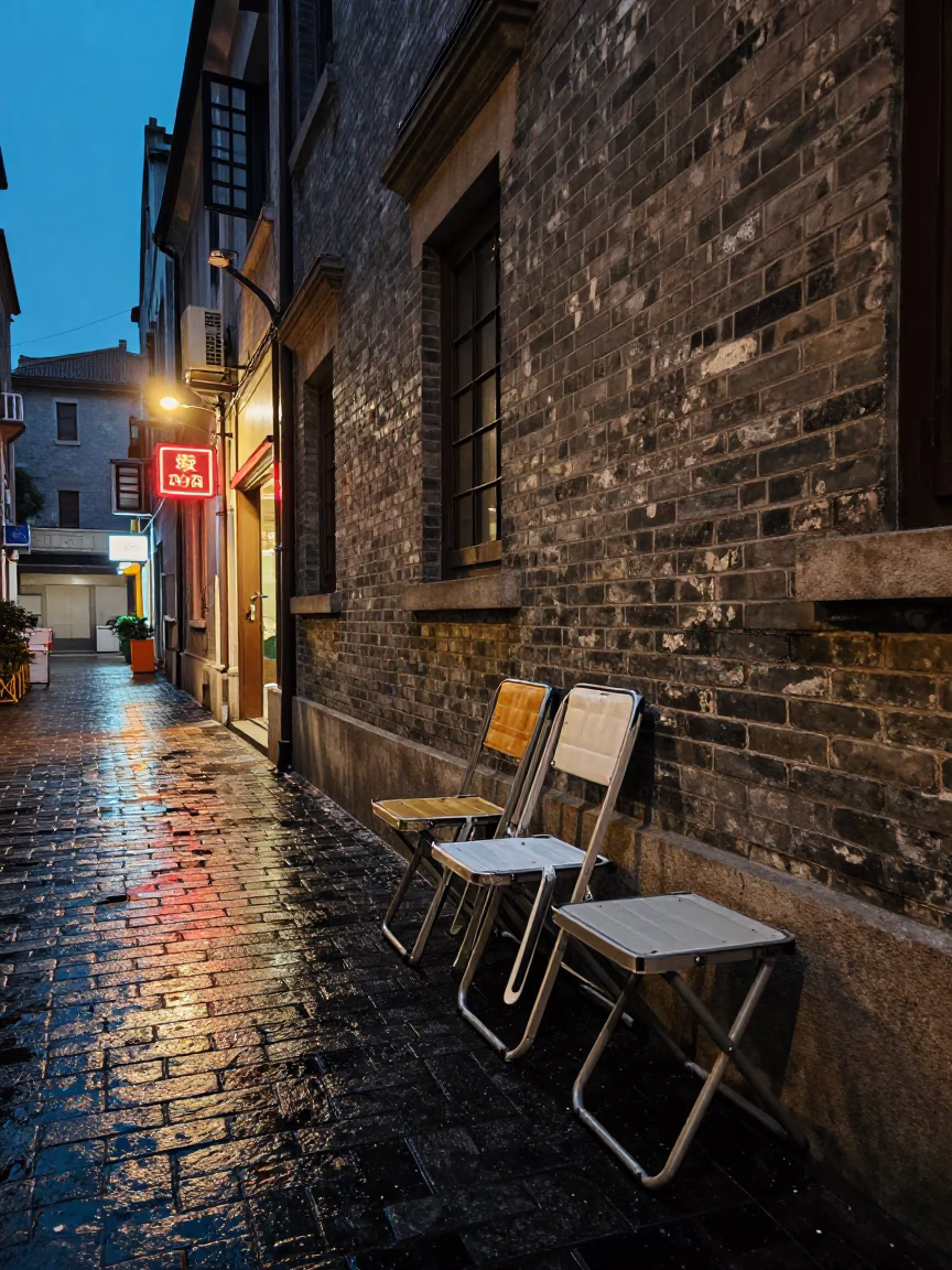 Twilight Shanghai Street Scene with Folding Stools and Drying Towels in in Shanghai, China