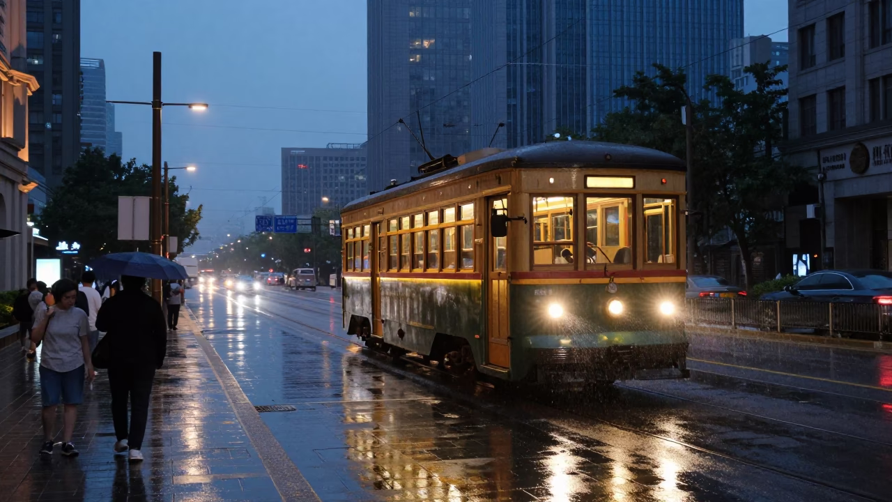Twilight Shanghai Street Scene with Heritage Tram and Urban Architecture in in Shanghai, China
