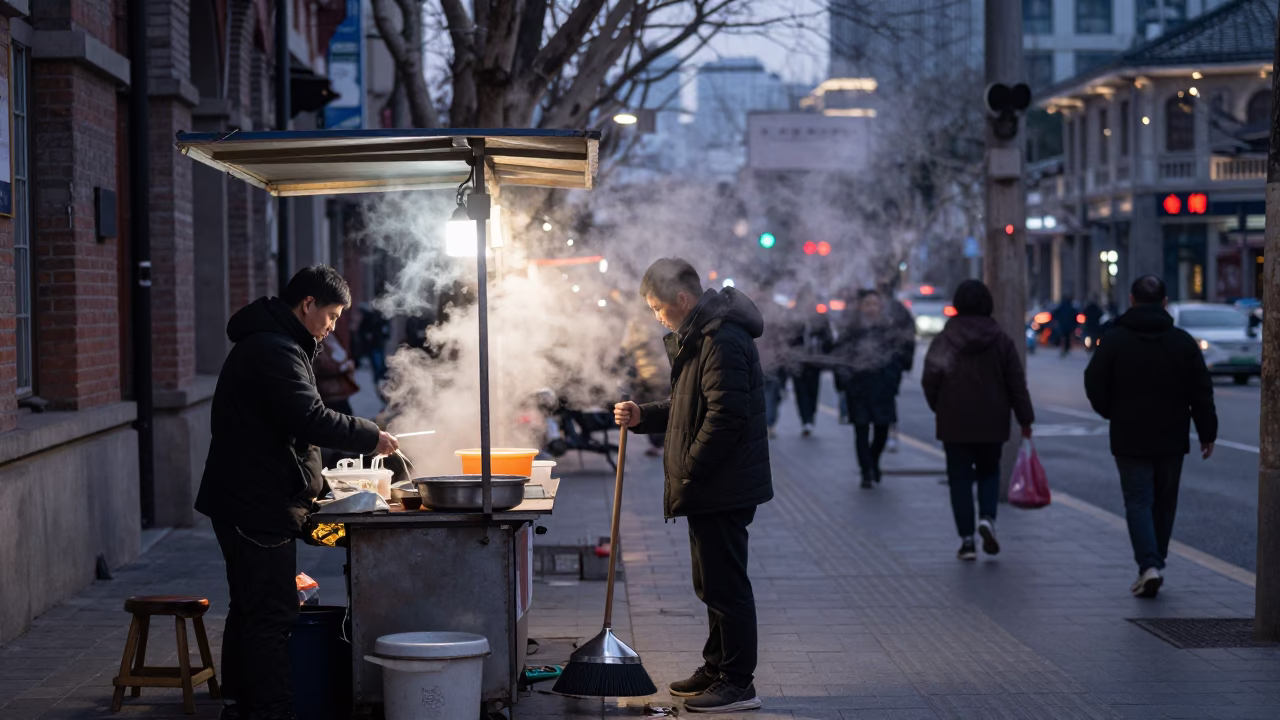 Twilight Shanghai Street Scene with Steam Haze and Local Commerce in in Shanghai, China