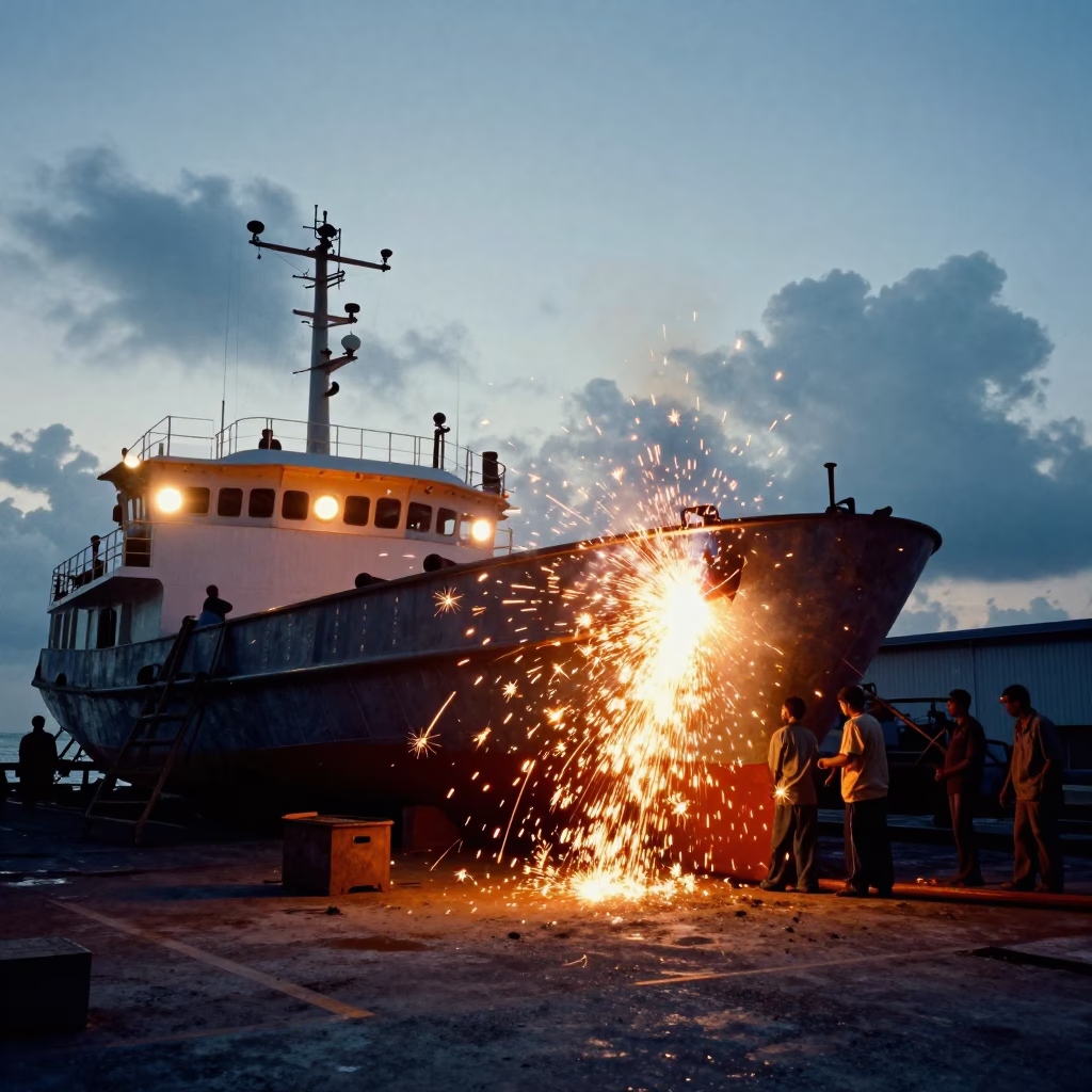 Twilight Shipyard Welding Sparks Over Maldives Hull in across an active works site in Maldives