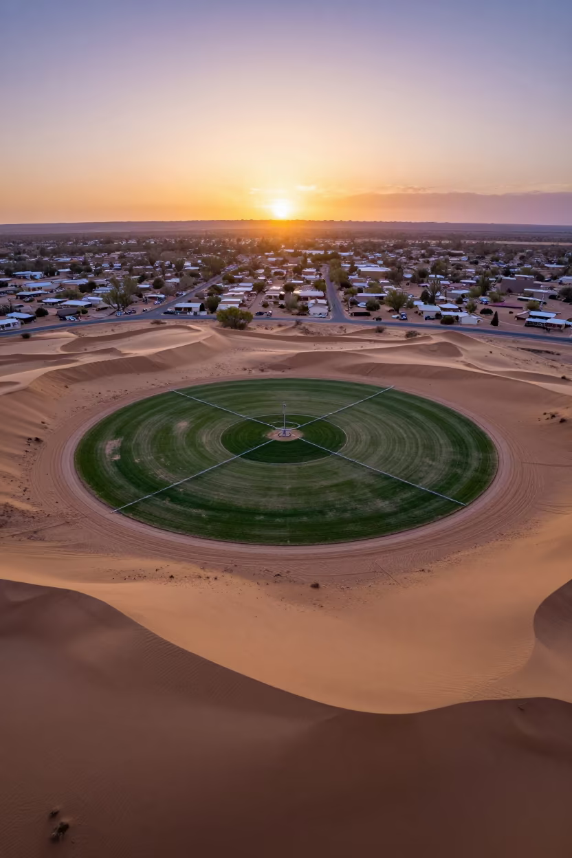 Twilight Silhouette of Arizona Oasis Irrigation in high above irrigation geometry in Arizona