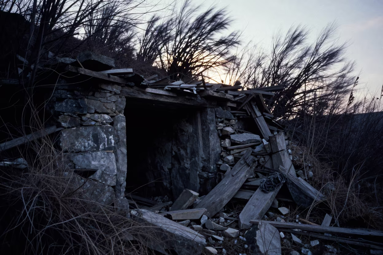 Twilight Silhouette of Collapsed Mine Entrance Ruins in among roofless stone chambers near Skhirat