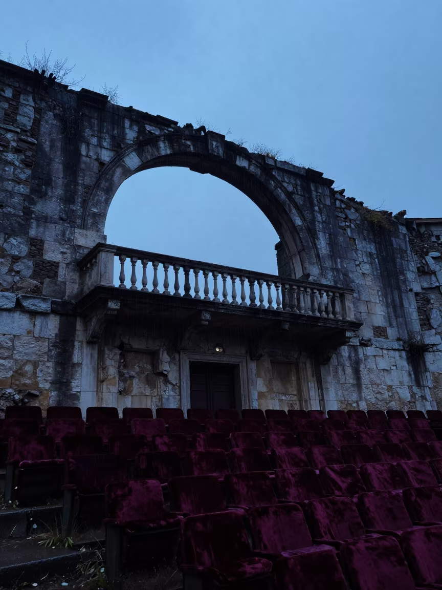 Twilight Silhouette of Croatia Theater Ruin in beneath a broken stone arch in Croatia