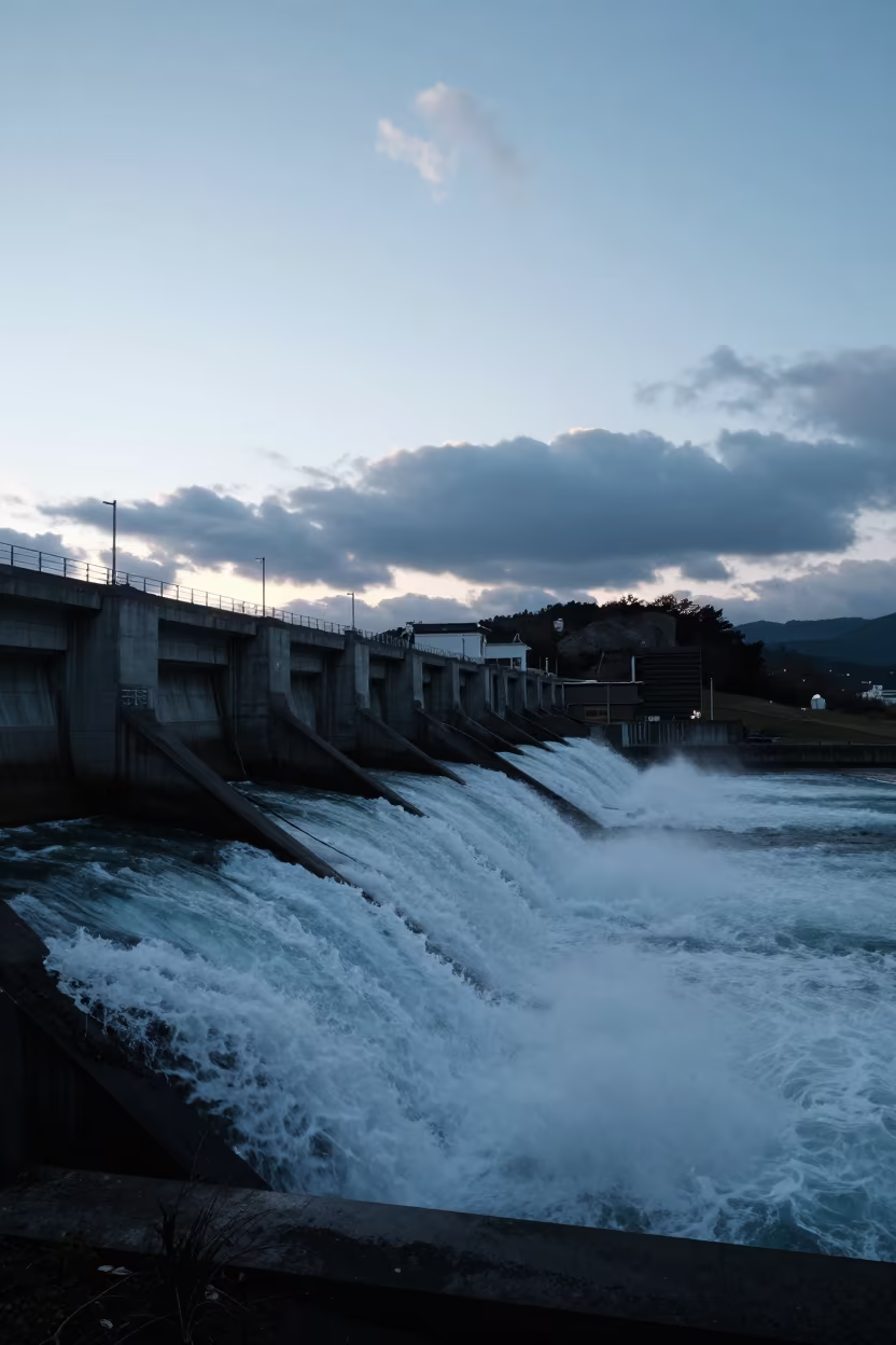 Twilight Silhouette of Kagoshima Dam Spillway in along a dam spillway near Kagoshima