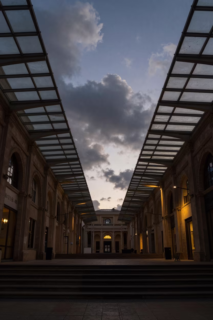 Twilight Silhouette in Netanya Glass Arcade in inside a glass-roofed arcade in Netanya