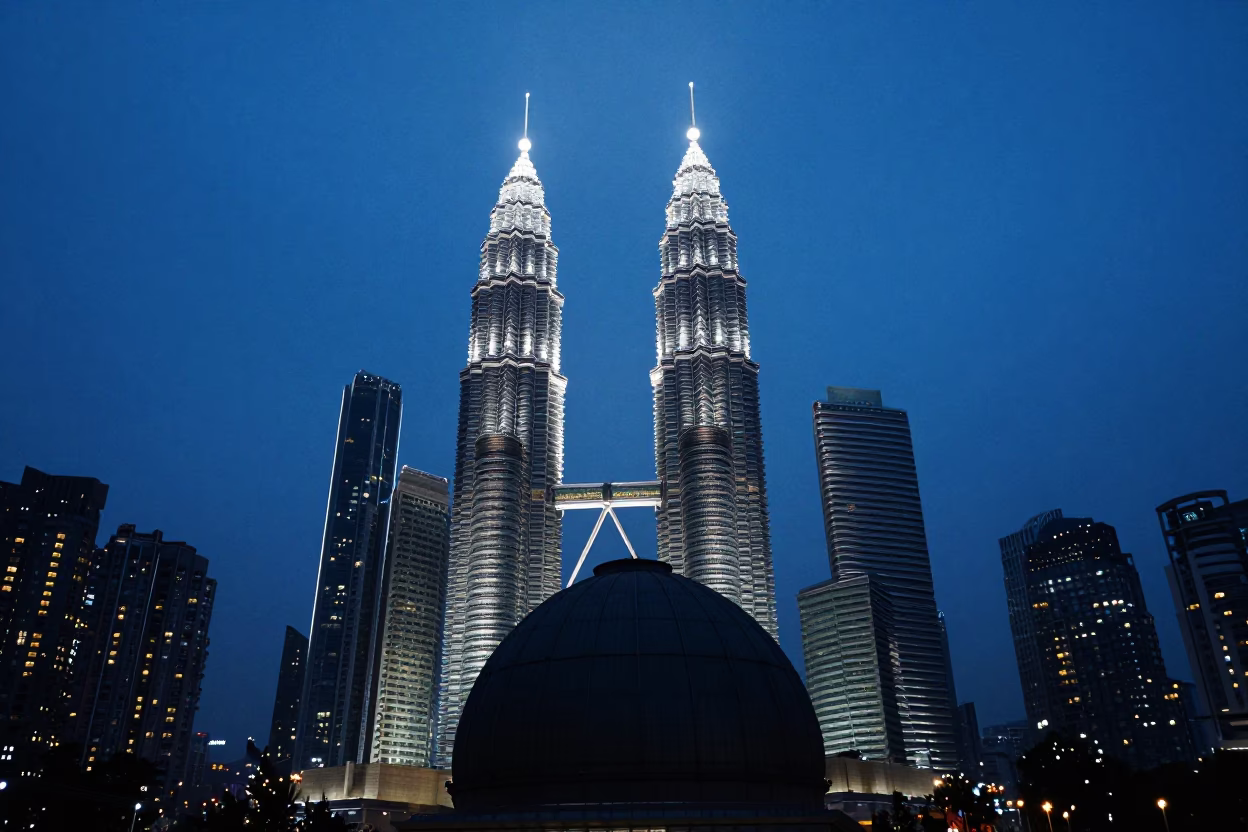 Twilight Silhouette of Petronas Towers and Observatory Dome in Kuala Lumpur Malaysia in in Kuala Lumpur, Malaysia