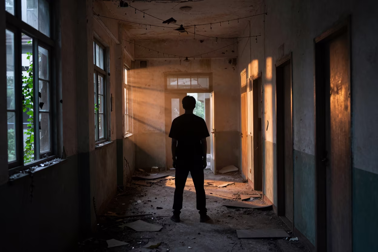 Twilight Silhouette in Taiwan Asylum Corridor in along a ward corridor with broken glass and falling plaster in Taiwan