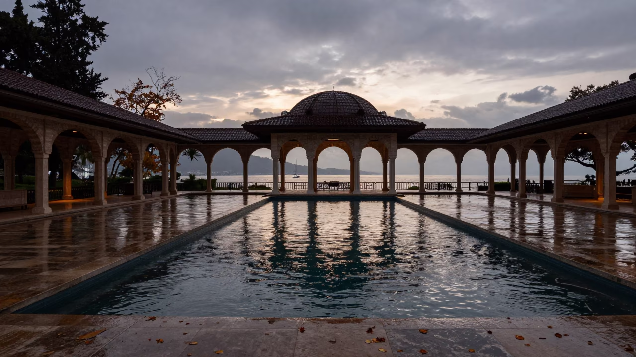 Twilight Silhouette Waterside Pavilion Alanya in inside a vaulted atrium in Alanya