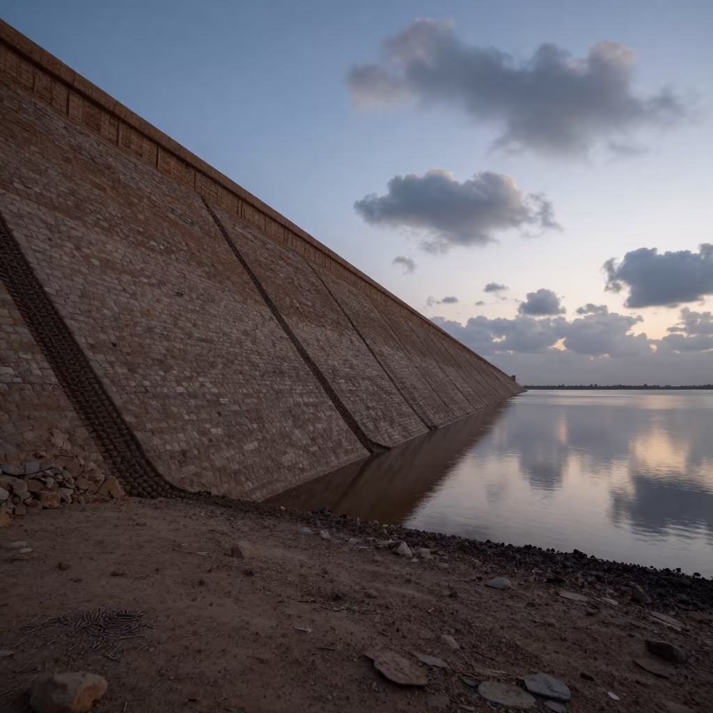 Twilight Silt Lines on Somali Levee Riprap in along a levee path above floodwater in Somalia