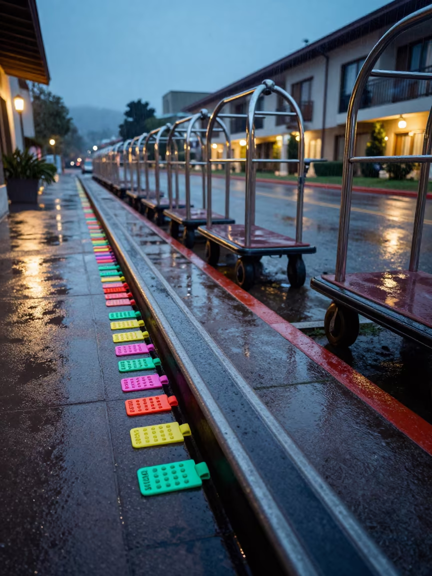 Twilight Ski Valet Rail in Cuauhtémoc Drizzle in along a hotel drop-off lane with polished carts lined up in Cuauhtémoc